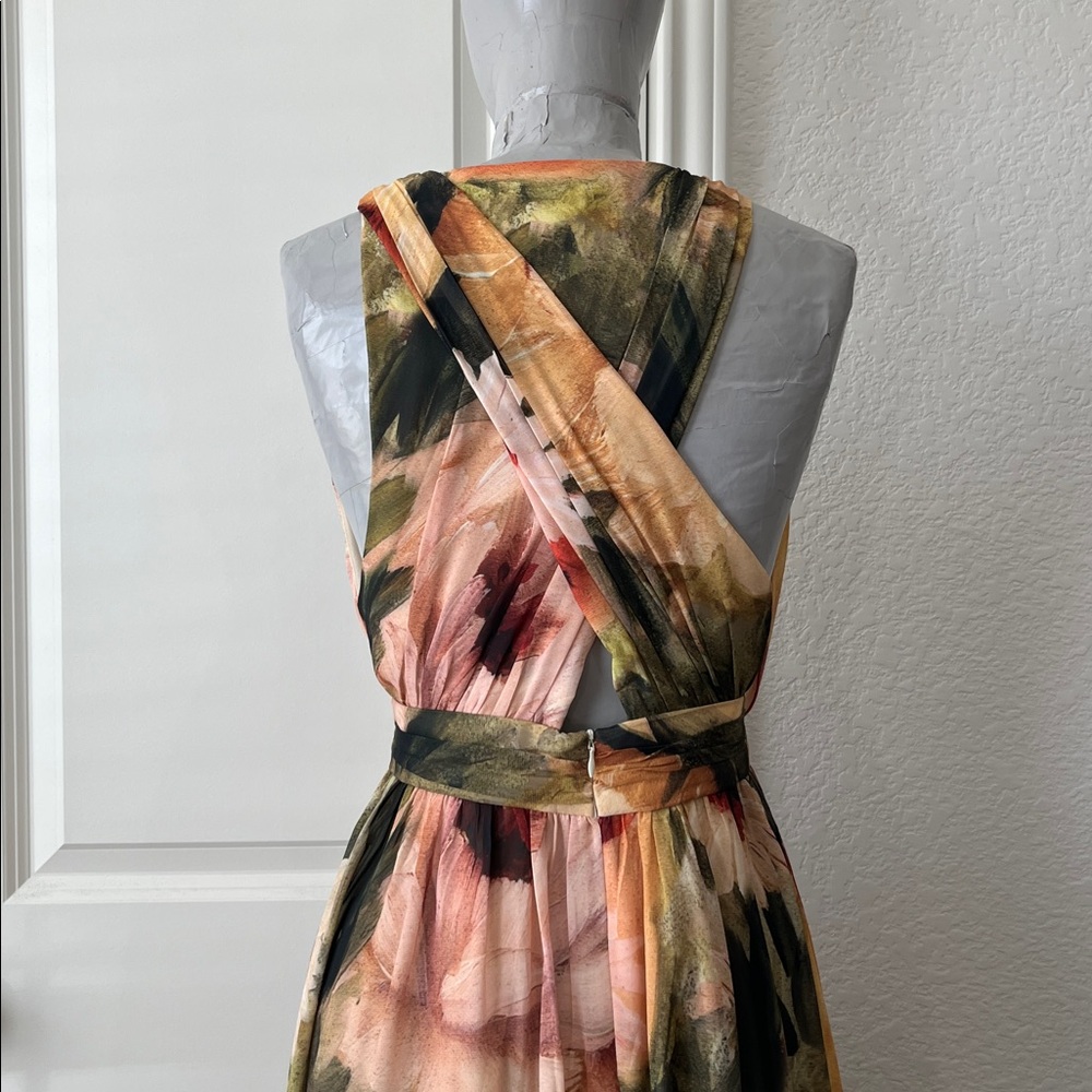 Haute Hippies Plunge Sunflower V Neck Draped Midi A Line Chiffon Crepe Dress - Picture 10 of 12